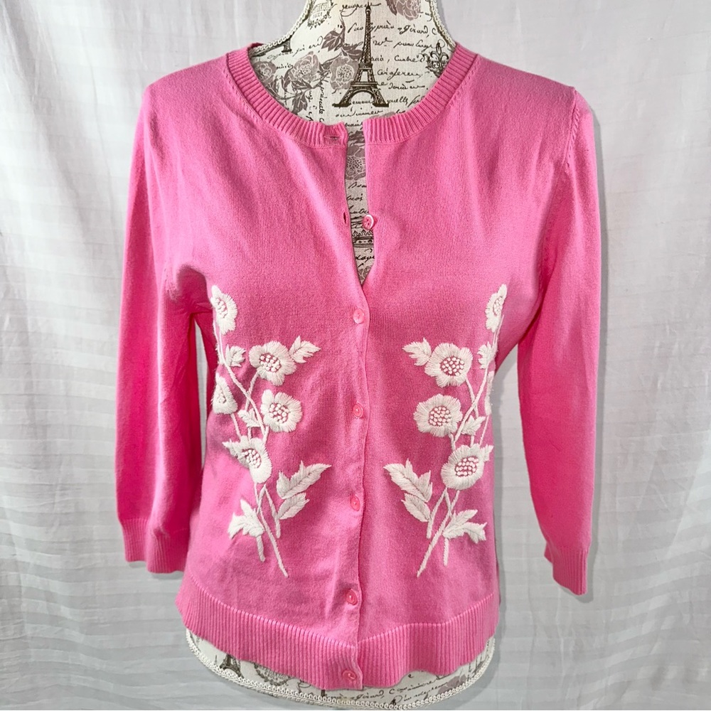 Garnet Hill Pink Cardigan Sweater White Embroidered Floral Size Medium